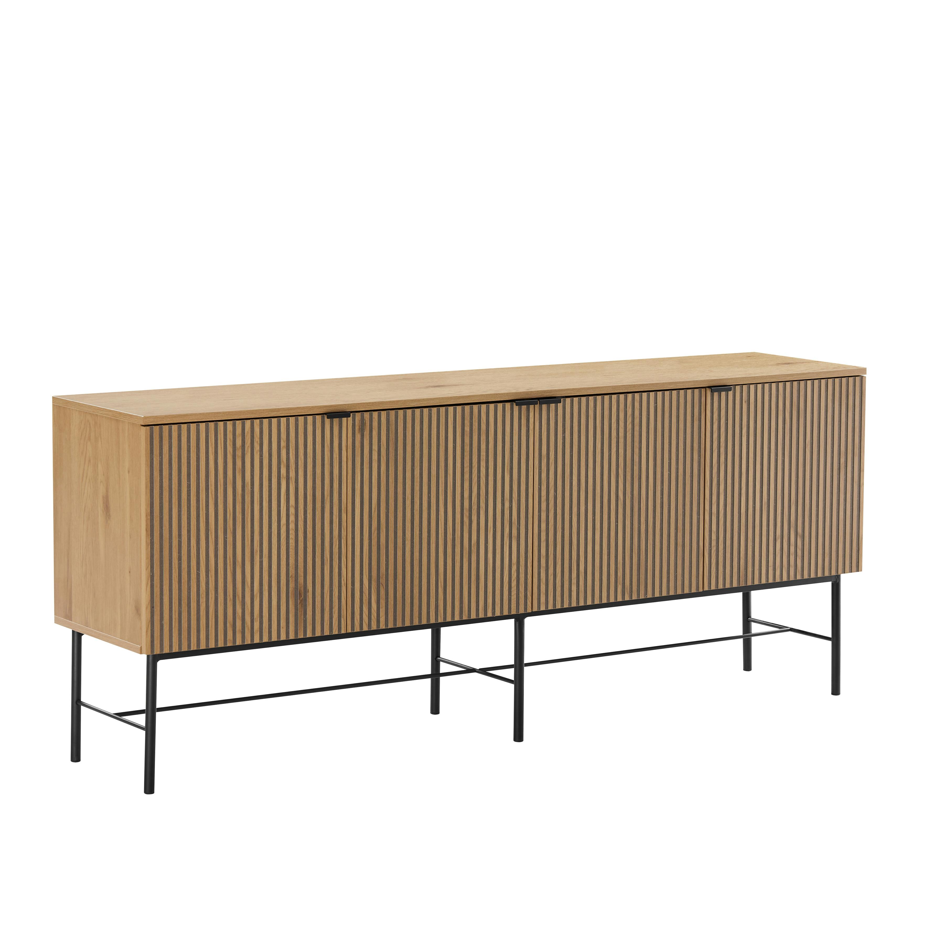 Buffet 4 portes décor effet bois rainuré noir et naturel OLETTA