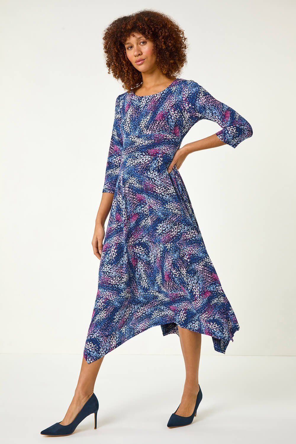 Roman Abstract Hanky Hem Stretch Midi Dress
