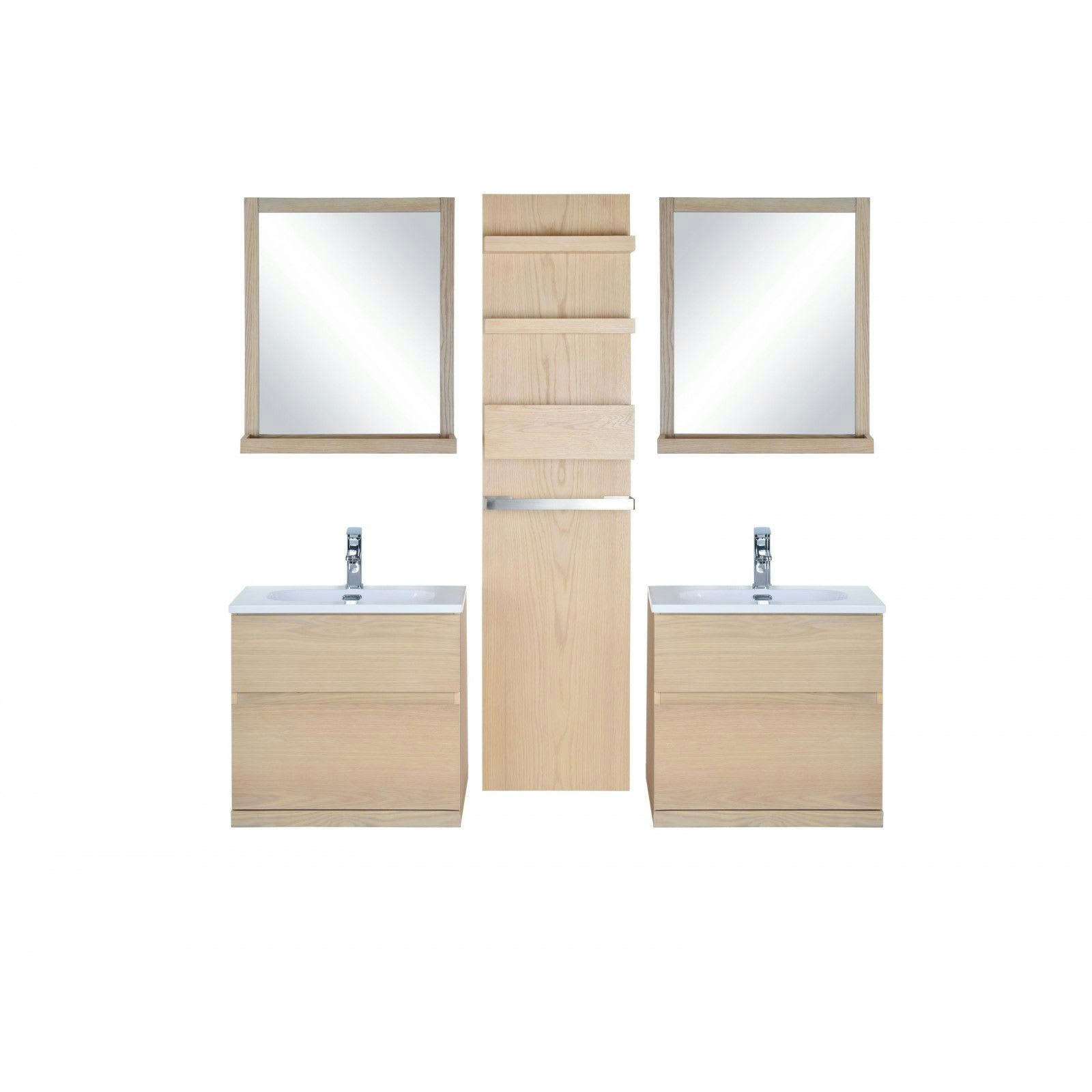 ENIO - Meubles salle de bain avec vasques, miroirs, colonne effet bois clair