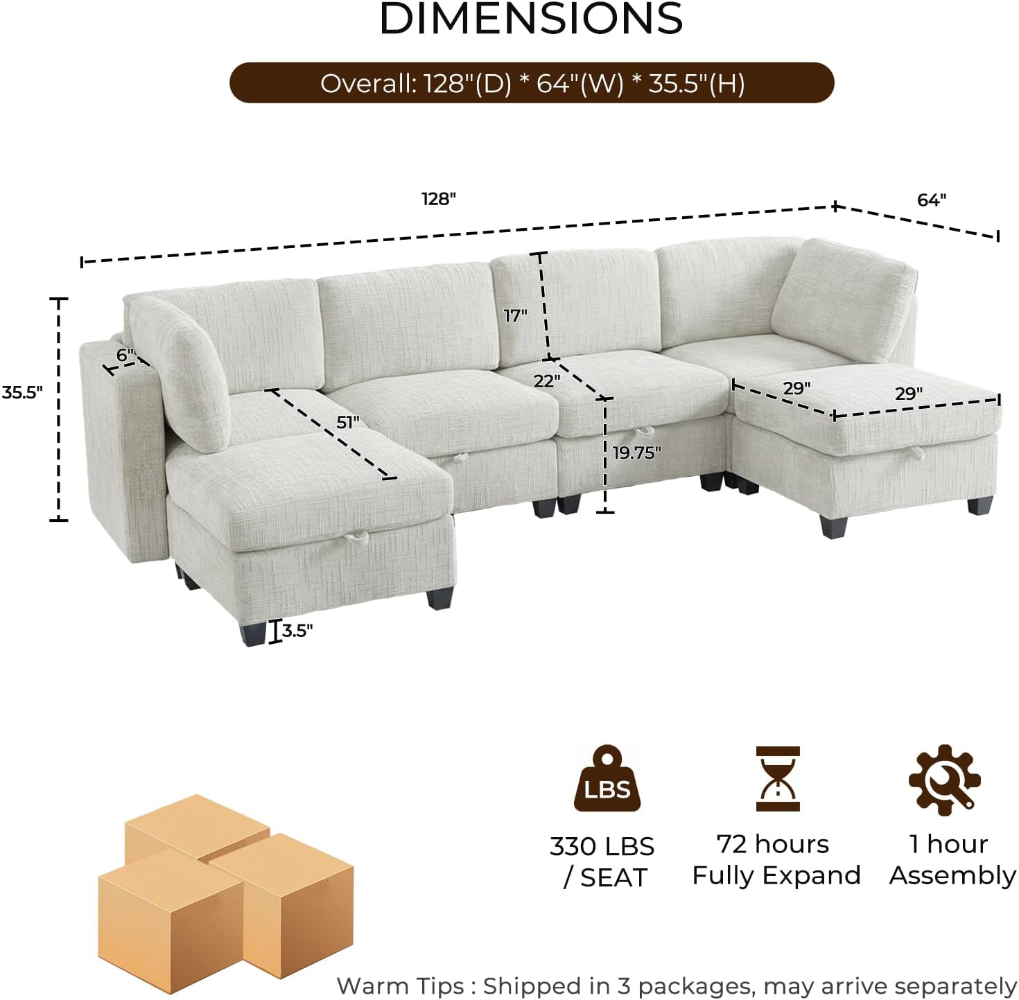 128 Oversized Modular 6 Seater Sofa with Removable Covers and Storage, Convertible U, L-Shaped and Sleeper Sectional, Modern Sectional Couch with Movable Ottoman for Living Room, Apartment, Beige