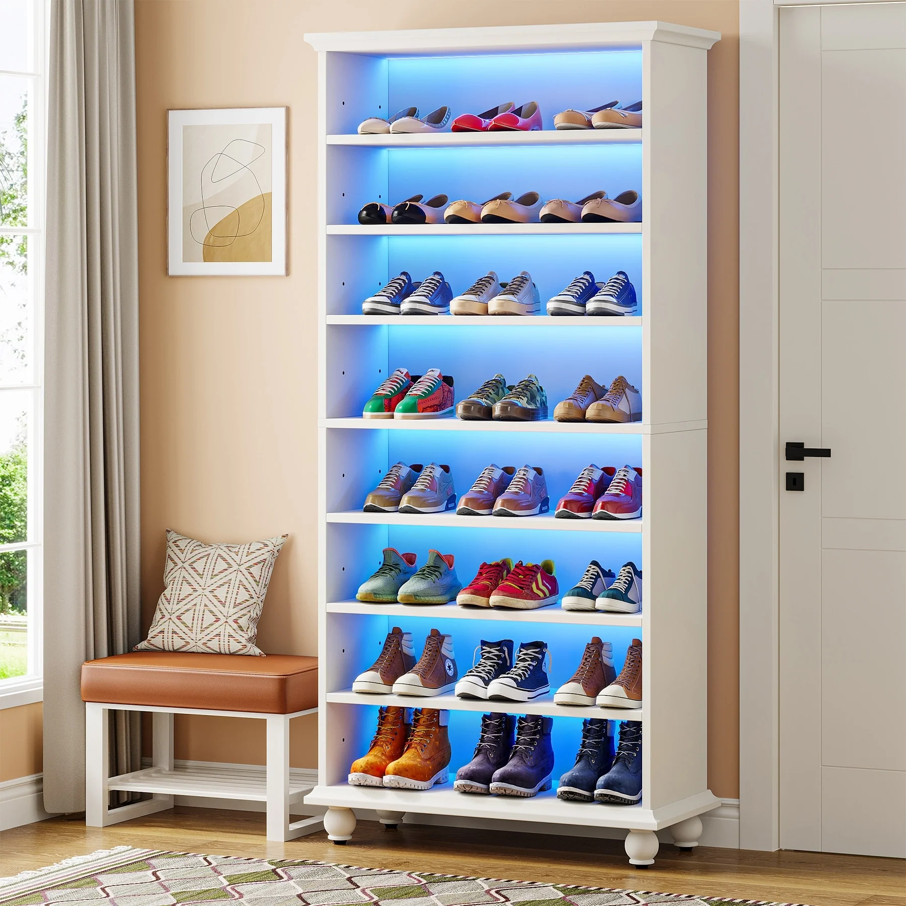 Narrow Tall Shoe Storage Cabinet with LED Lighting for Entryway - 9-Tier