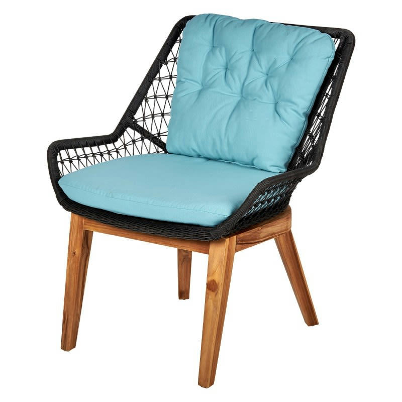 CARAT - Fauteuil en corde tressée noir et bois avec coussins bleus