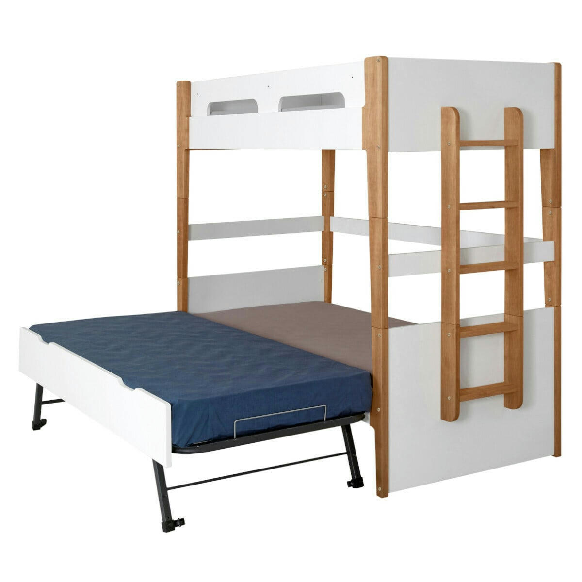 ROMY - Pack lit superposé gigogne avec matelas 90x190 bois massif blanc bois