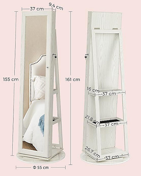 Armoire à Bijoux pivotante à 360, avec Grand Miroir psyché, Organisateur de Bijoux verrouillable