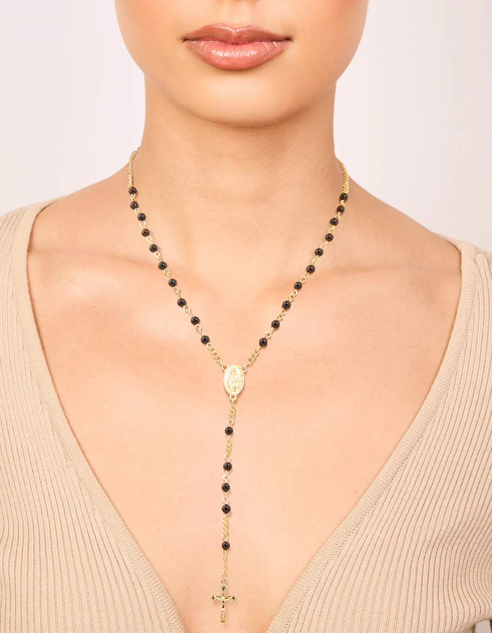 Gold Plated Black Onyx & Cross Lariat Necklace
