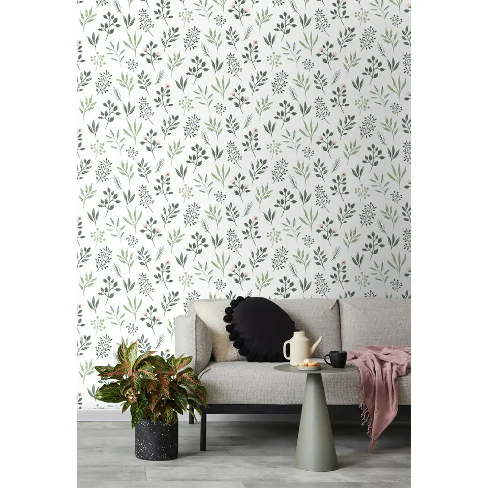 Walls4You behang veldbloemen groen en wit - 53 cm x 10.05 m