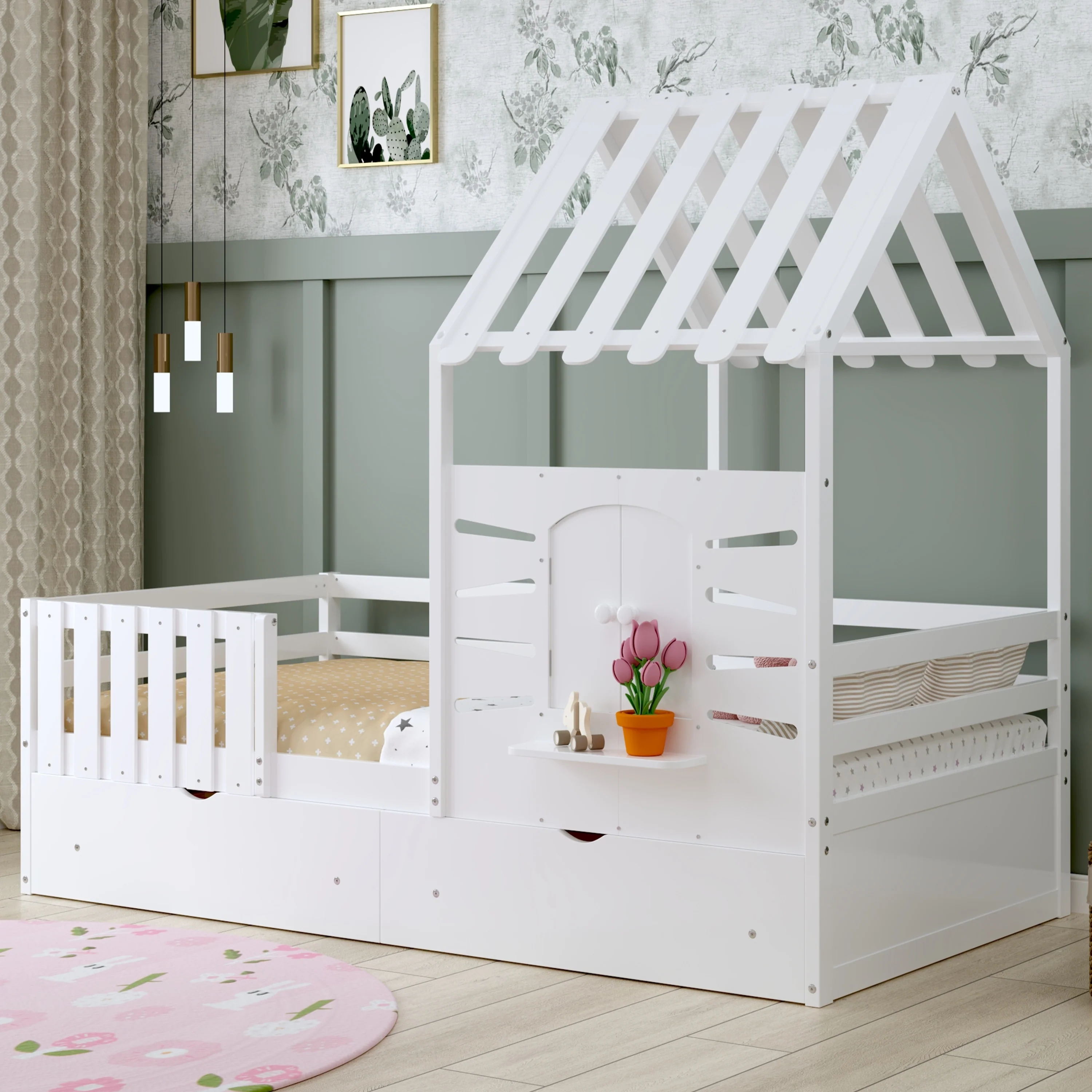Twin Bed Frames for Kids,Twin Size House Bed With 2 Storage Drawers and Guardrails, Playhouse Bed With Roof and Window