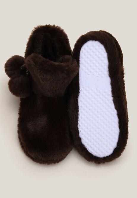 Womens Brown Faux Fur Pom Pom Slipper Boots