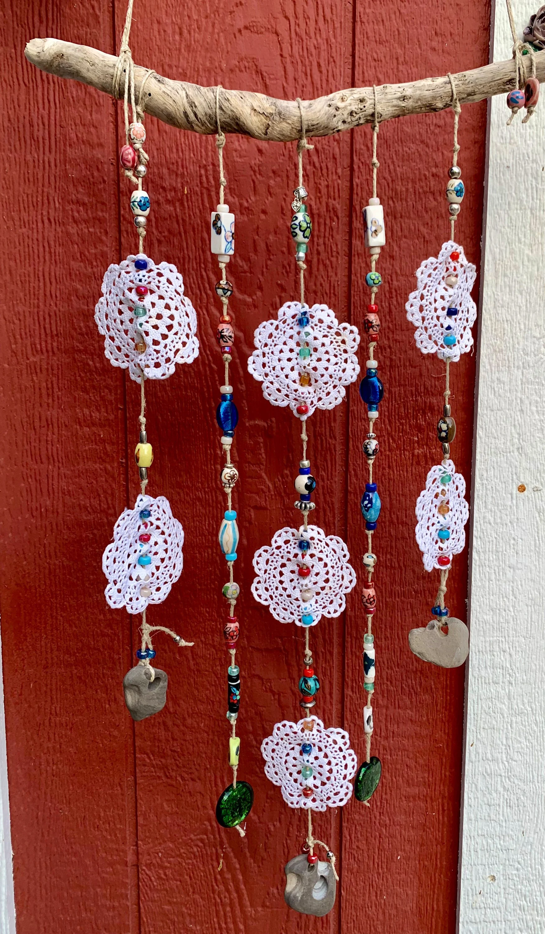 Flowers Of Life Rainbow Glass Beads & Sea Rocks Driftwood Sun Catcher Mobile
