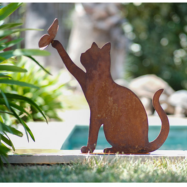 Figurine Chat qui joue métal rouille : déco jardin - Rouille