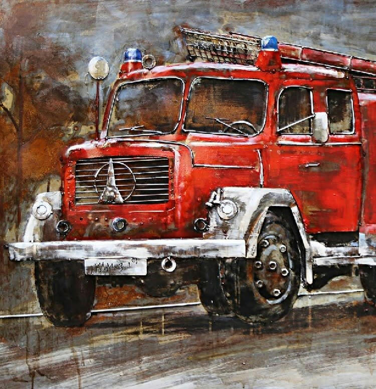 MÉTAL BRASS - Tableau relief en métal camion pompier 120x80