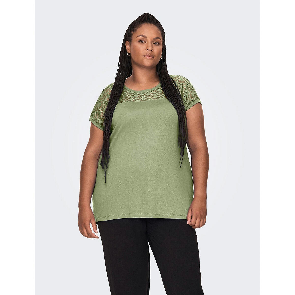 T-shirt col rond manches courtes, détail dentelle