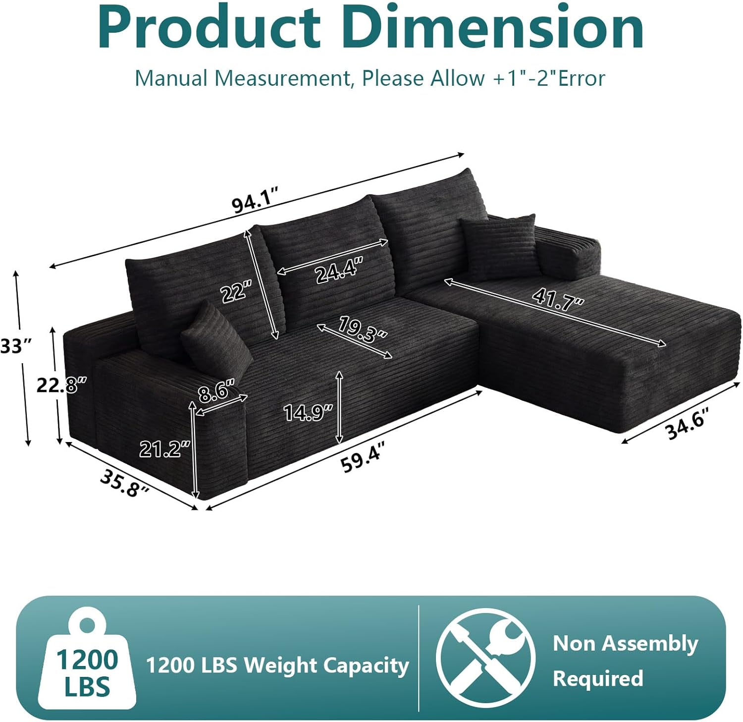 95 Modular Sectional Couch, Boneless L Shaped Cloud Sofa with Chaise Lounge, Corduroy Upholstered Couches Memory Foam Deep Seat, No Assembly Required, Ideal for Living Room(Black, Right Facing)
