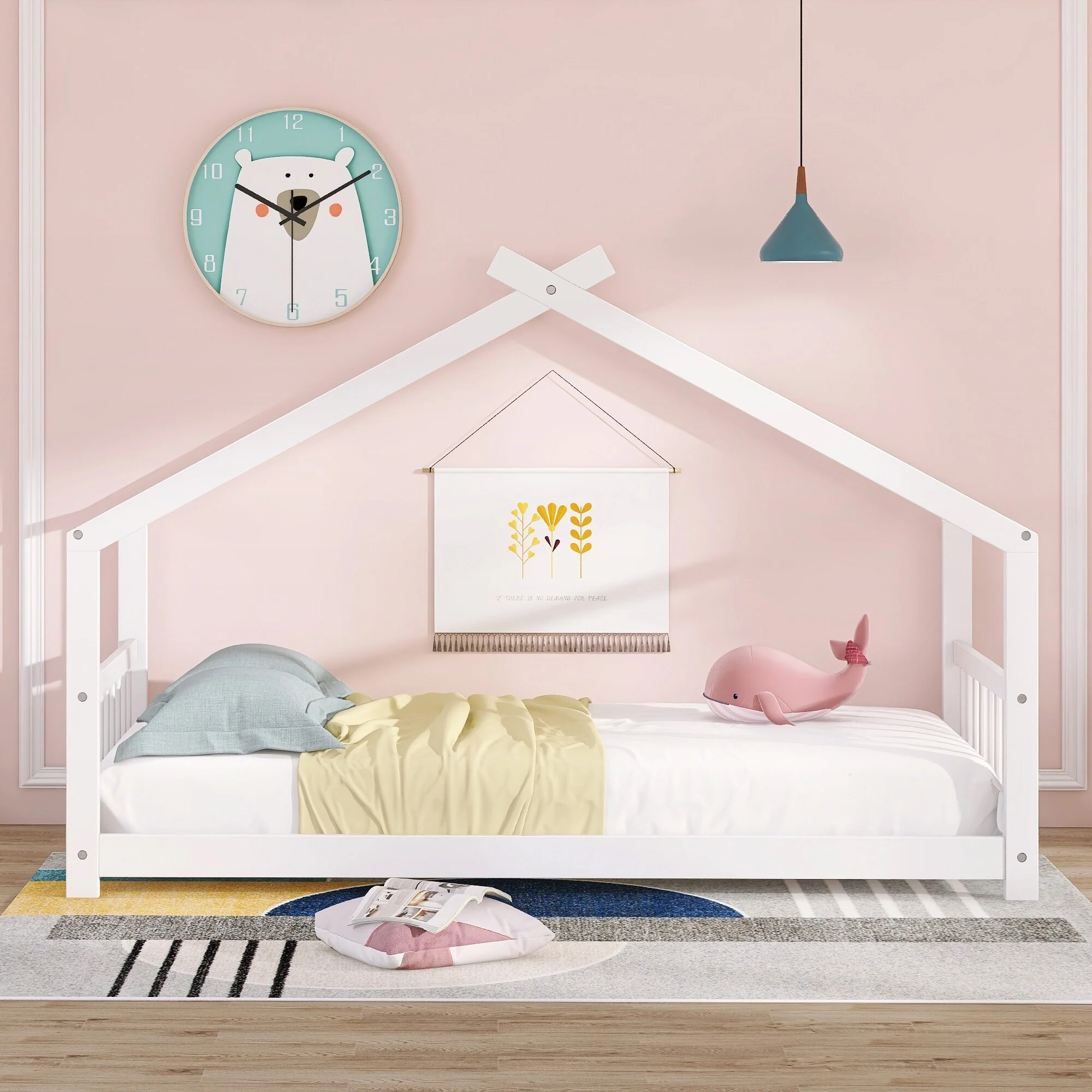 Twin Size House Bed with Roof, Wood Frame, and Play Space