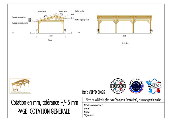 Carport 2 pentes faitage décalé, 500cm x 950cm,Pin DOUGLAS Français (Charpente en bois-auvent-abri voiture)47m².Garantie 10 ans
