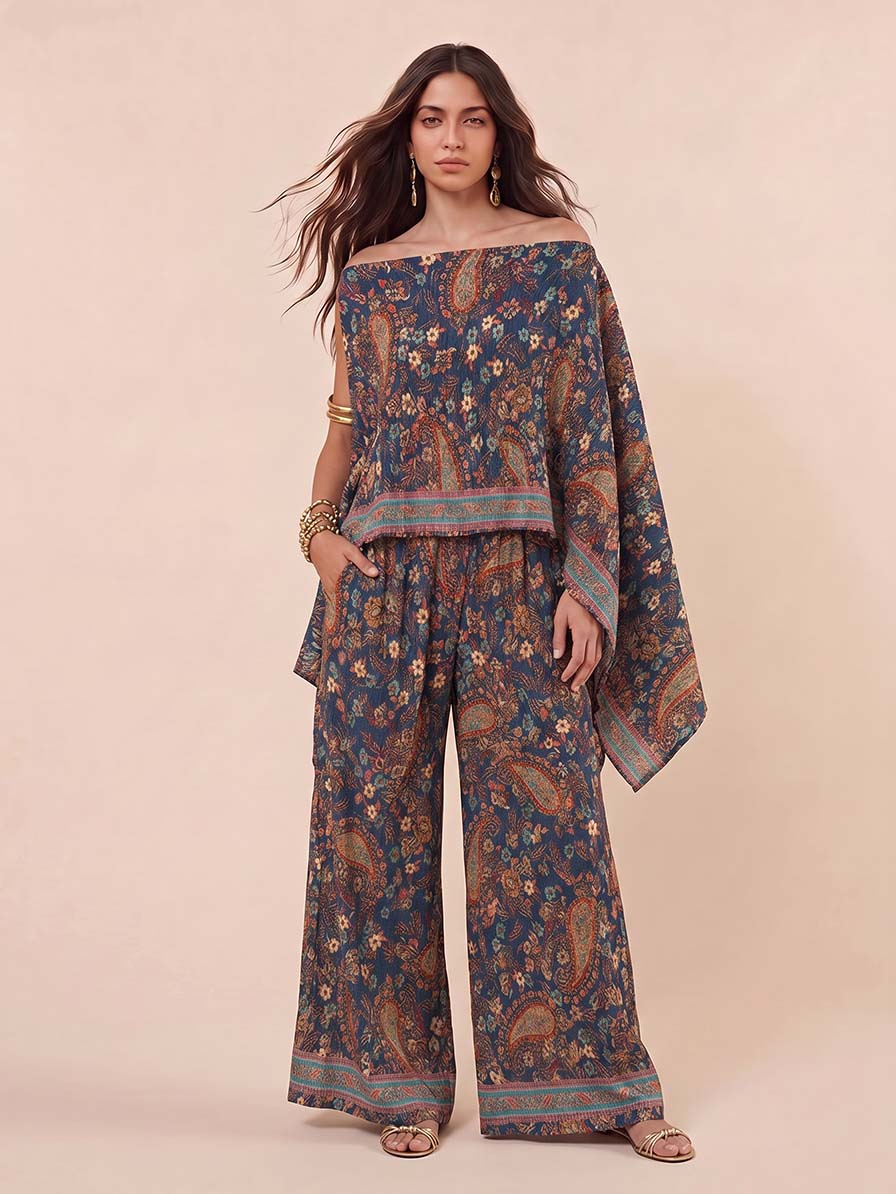 Bohemian Paisley Off Shoulder Cape Sleeve Top