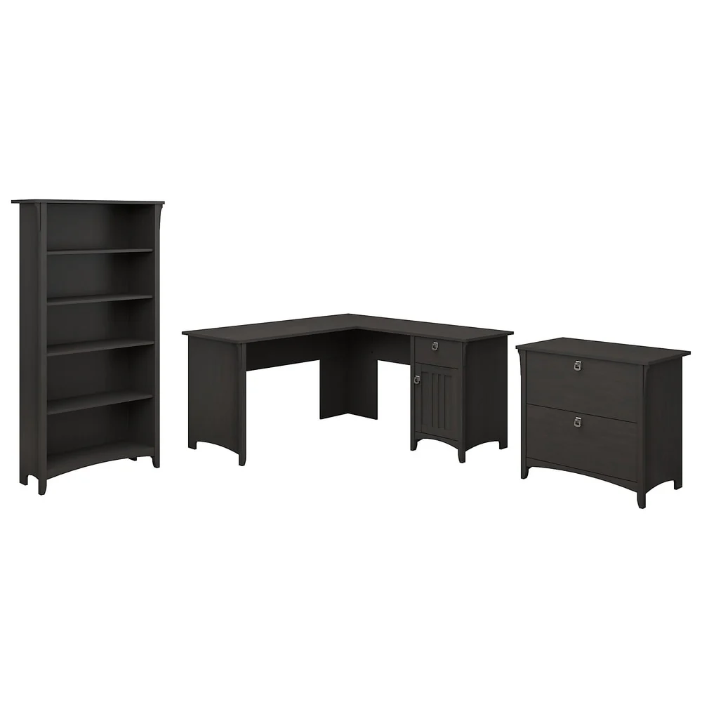 L-shaped Desk with Lateral File Cabinet and Bookcase in Vintage Black