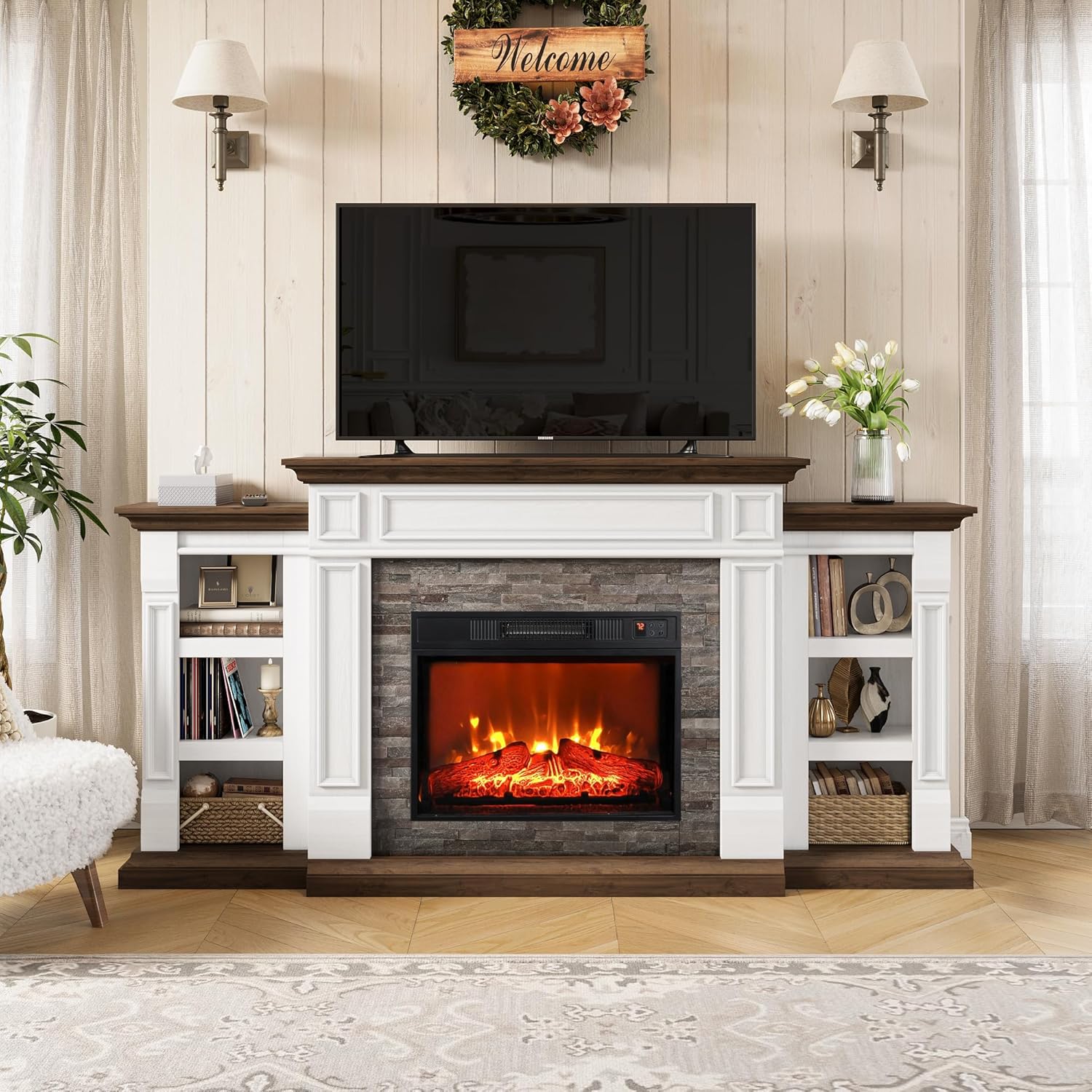 Naice 72 Electric Fireplace with Mantel and Cabinets, Fireplace TV Stand for Living Room Bedroom, Stacked Stone Surround and Remote Control 3D Realistic Flame