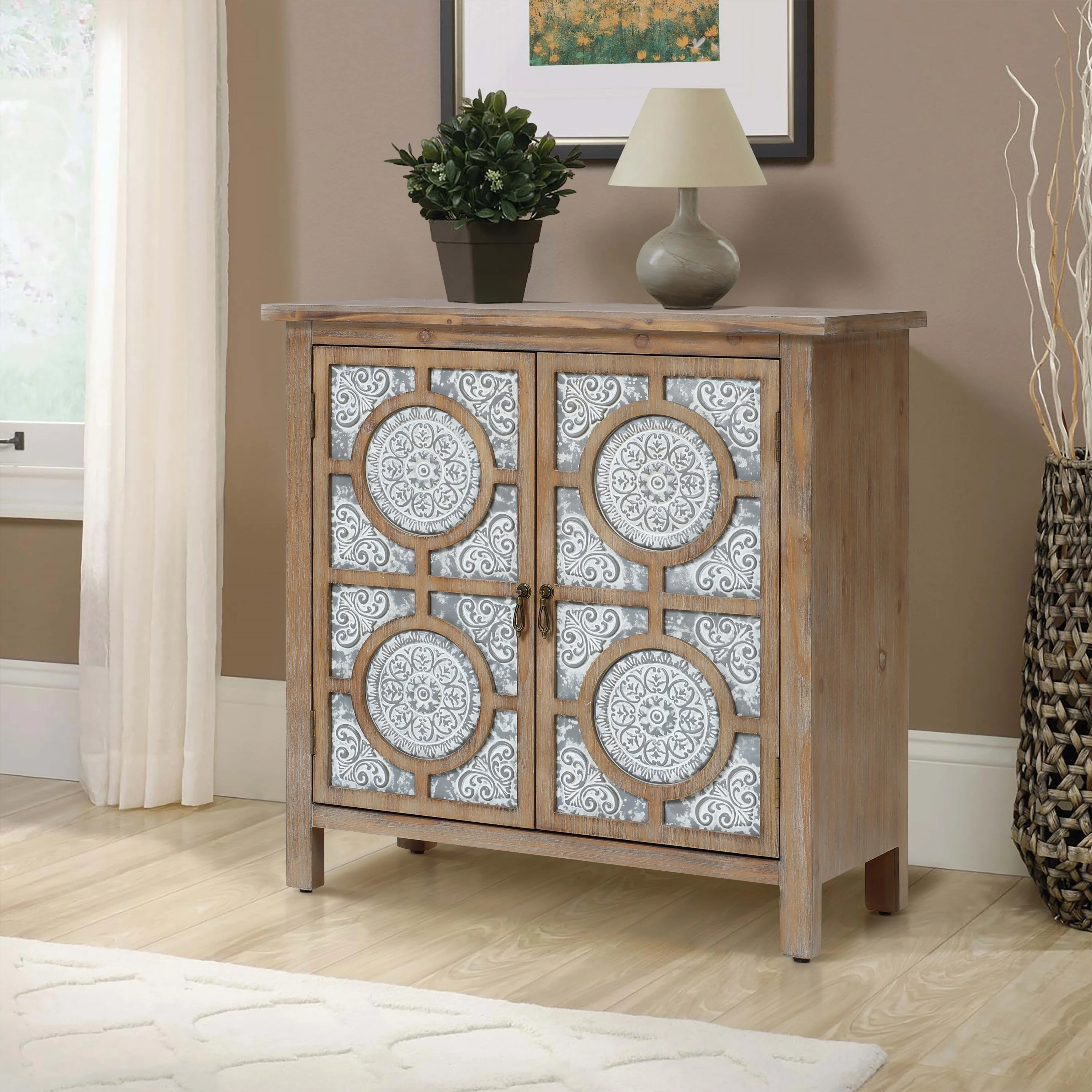 Floral Lattice Metal 2-Door Farmhouse Pine Wood Storage Cabinet - 31.9 H x 31.5 W x 15.7 D