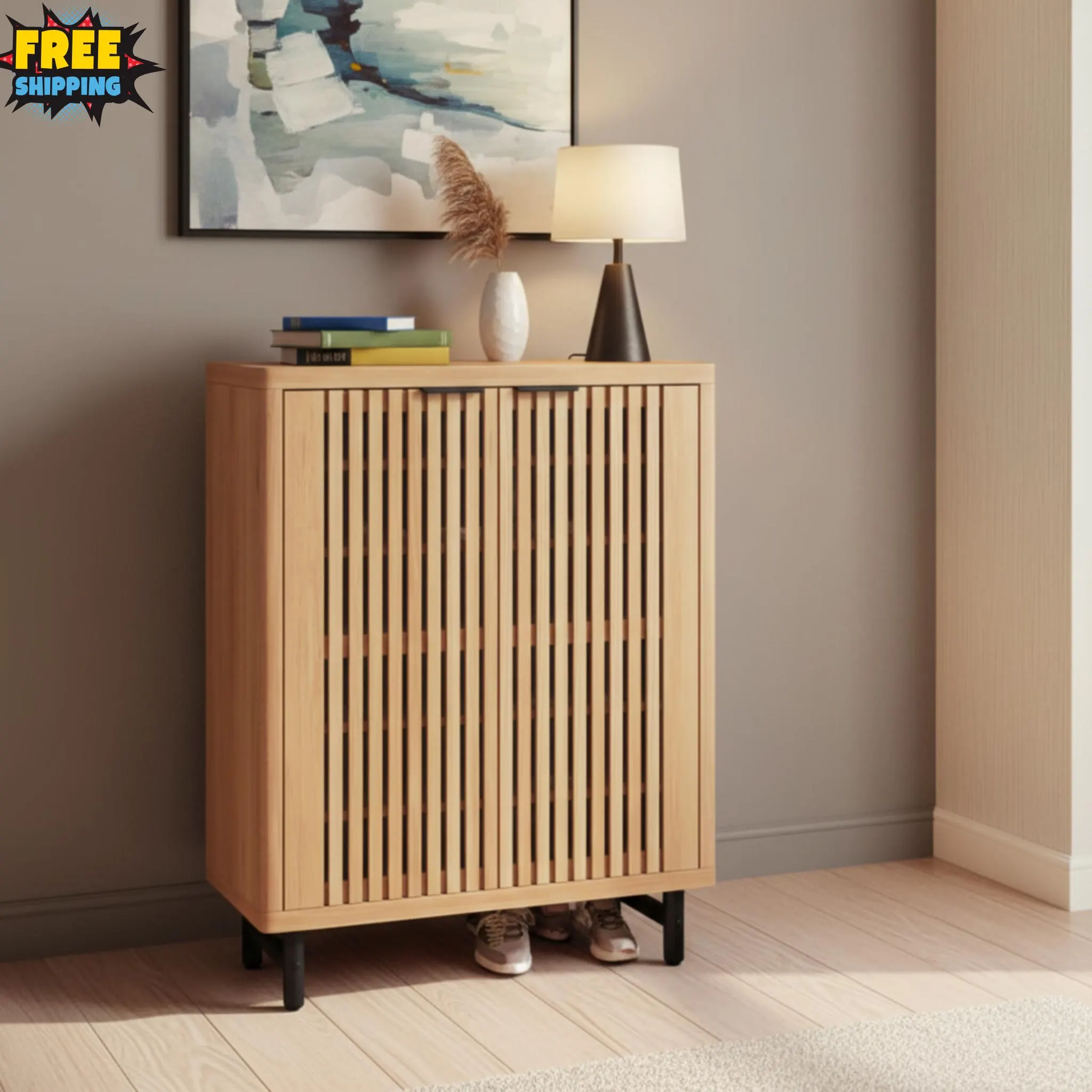 6-Tier Wooden Shoe Cabinet With Louvered Door For Entryway Storage