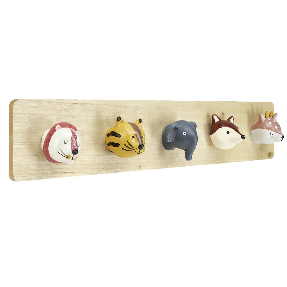 Patère enfant en bois 5 crochets tête animal 55x7xH10cm