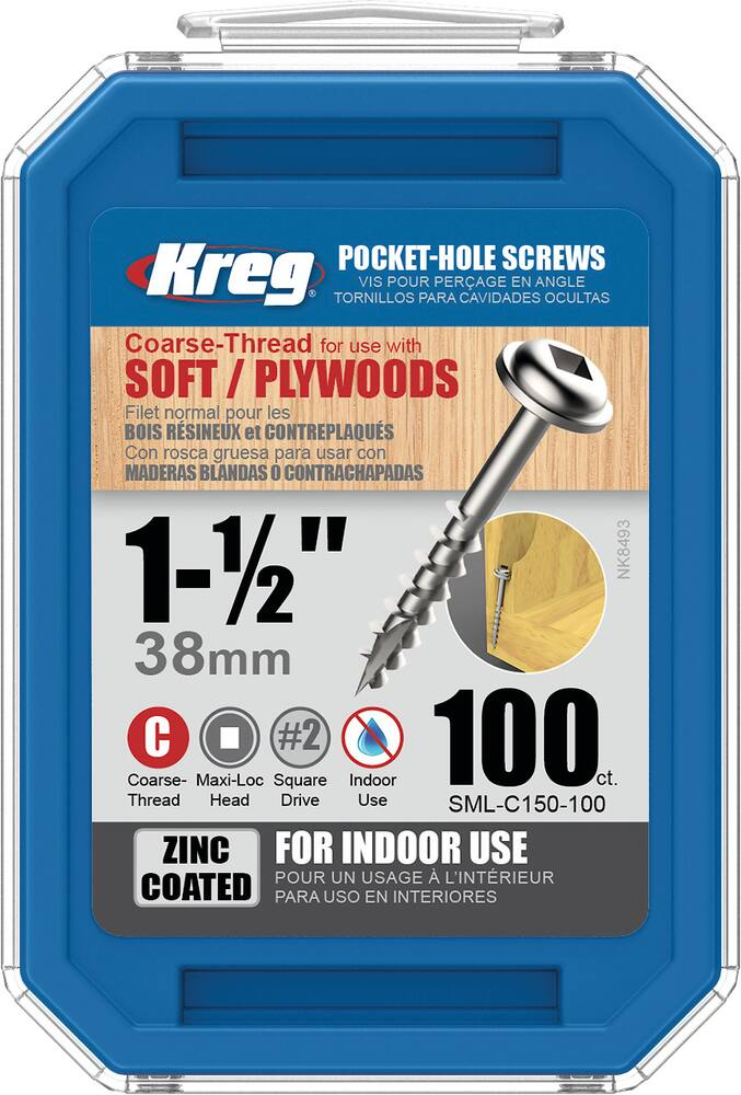 Kreg #8 Square-Drive Coarse Washer Head Pocket-Hole Screw, 1.5-in, Zinc Coating, 100-pk