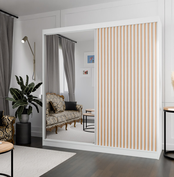 Szafa z lamelami i lustrem 200 cm - biała   lam. craft złoty