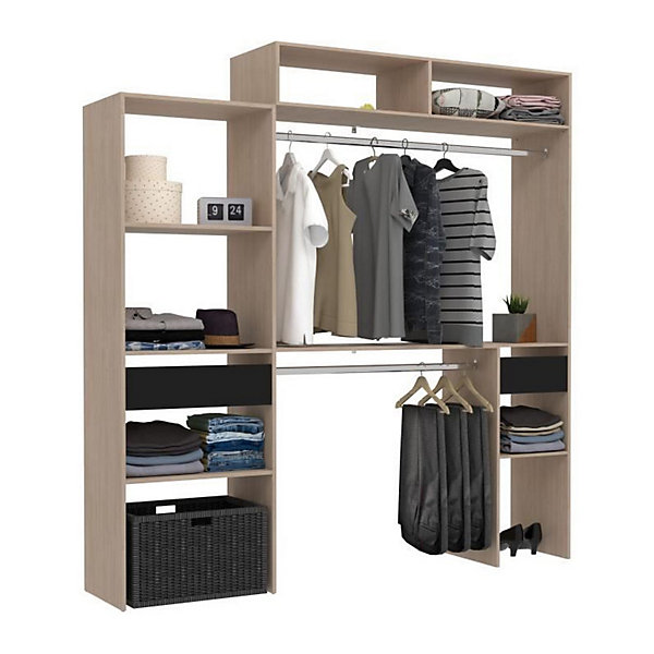 Kit dressing extensible ARTIC EKIPA - Décor mélaminé chene et noir - 2 penderies   2 tiroirs   Surmeuble- L198 x P40 x H202 c