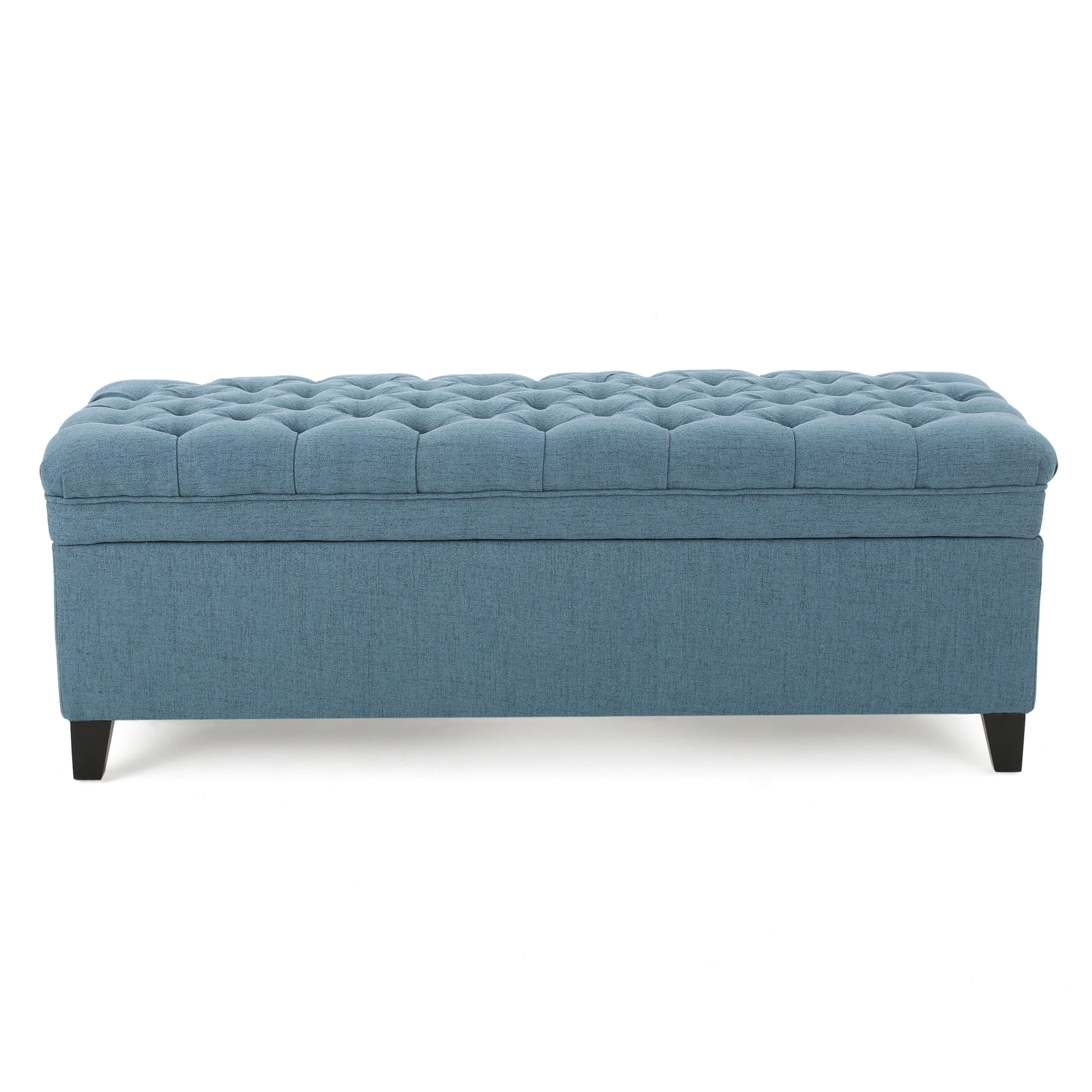 Rhya Storage Ottoman Bench, Soft Blue Fabric, Black Wood, 50 Inch
