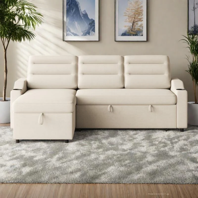 83.5 Fabric Convertible 3-Seater Sleeper Sofa with Pull-Out Bed, Recliner, Storage Pocket, and Cup Holder