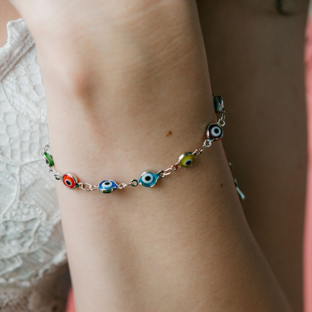 The Colourful Aura Colourful Silver Plated Turkish Evil Eye Charm Bead Protection Rainbow Bracelet