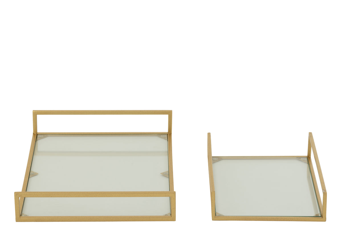 J-Line plateau - ijzer/glas - goud - set van 2