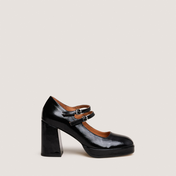 Babies à doubles brides et plateformesen vernis plissé noir | VERITE