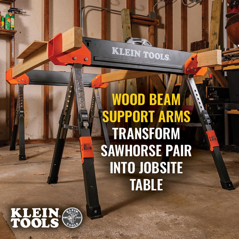 Klein Tools 80178 Folding Saw Horse, Adjustable 26 to 32-Inch Height, 2x4 Support Arms, Heavy Duty Jobsite Table, 2-Pack