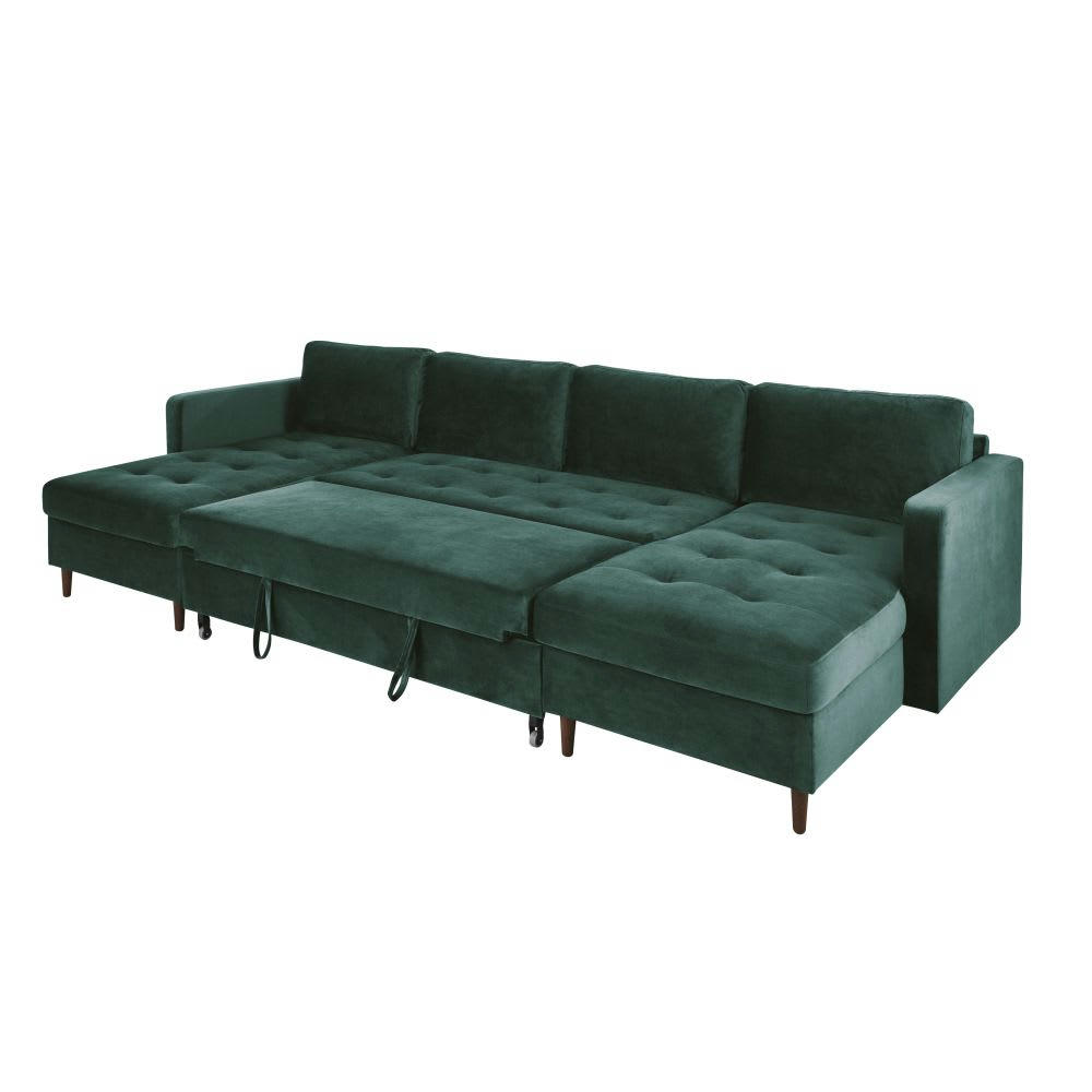 Olivia - Canapé panoramique convertible 7/9 places en velours vert