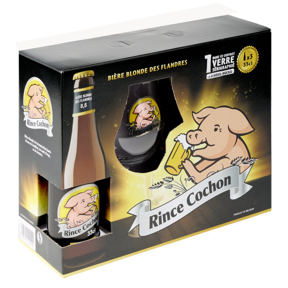 Bière blonde Rince Cochon 8,5% 3x33cl avec 1 verre sérigraphié et 4 sous-verres