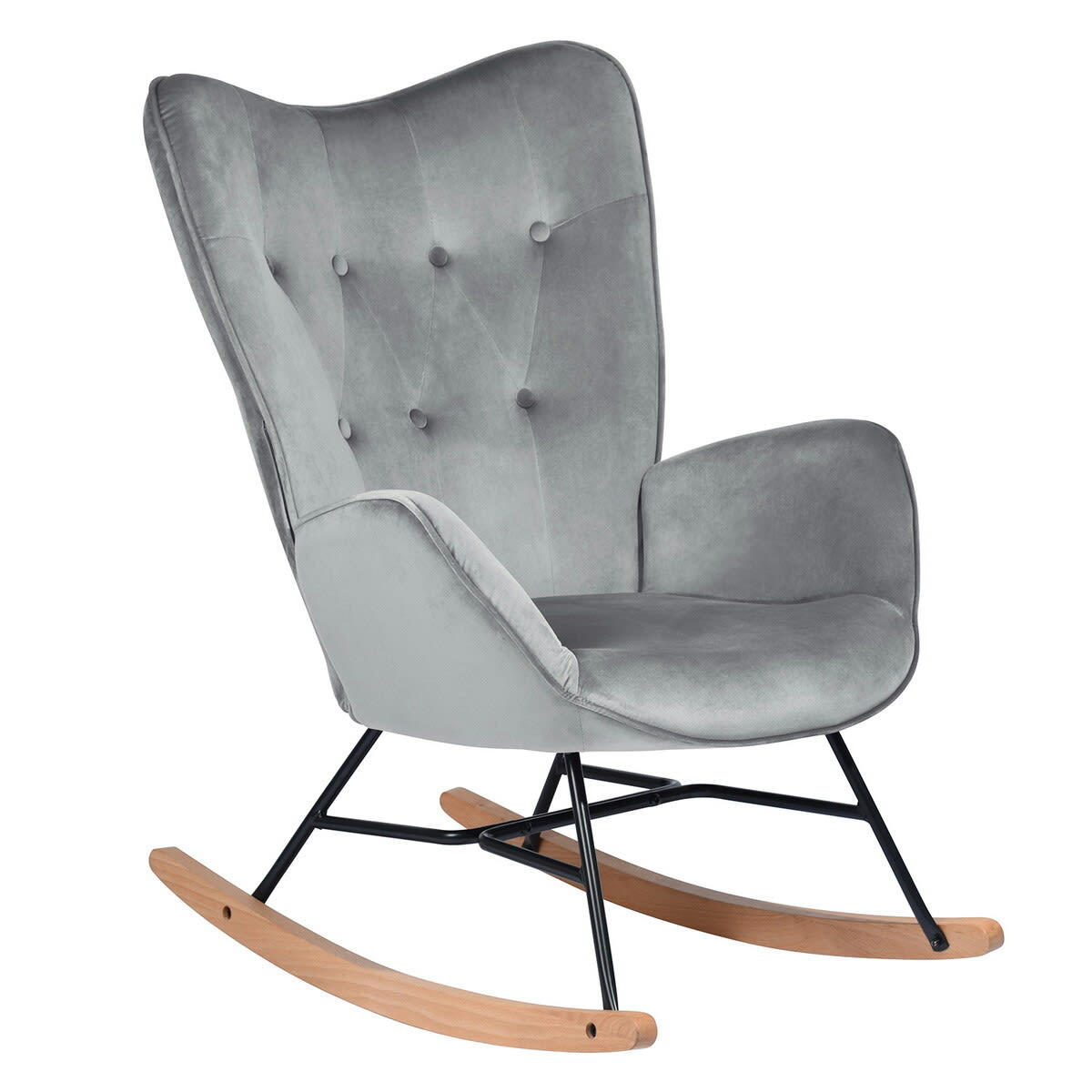 - Fauteuil à bascule Scandinave velours gris Pieds en bois de hêtre