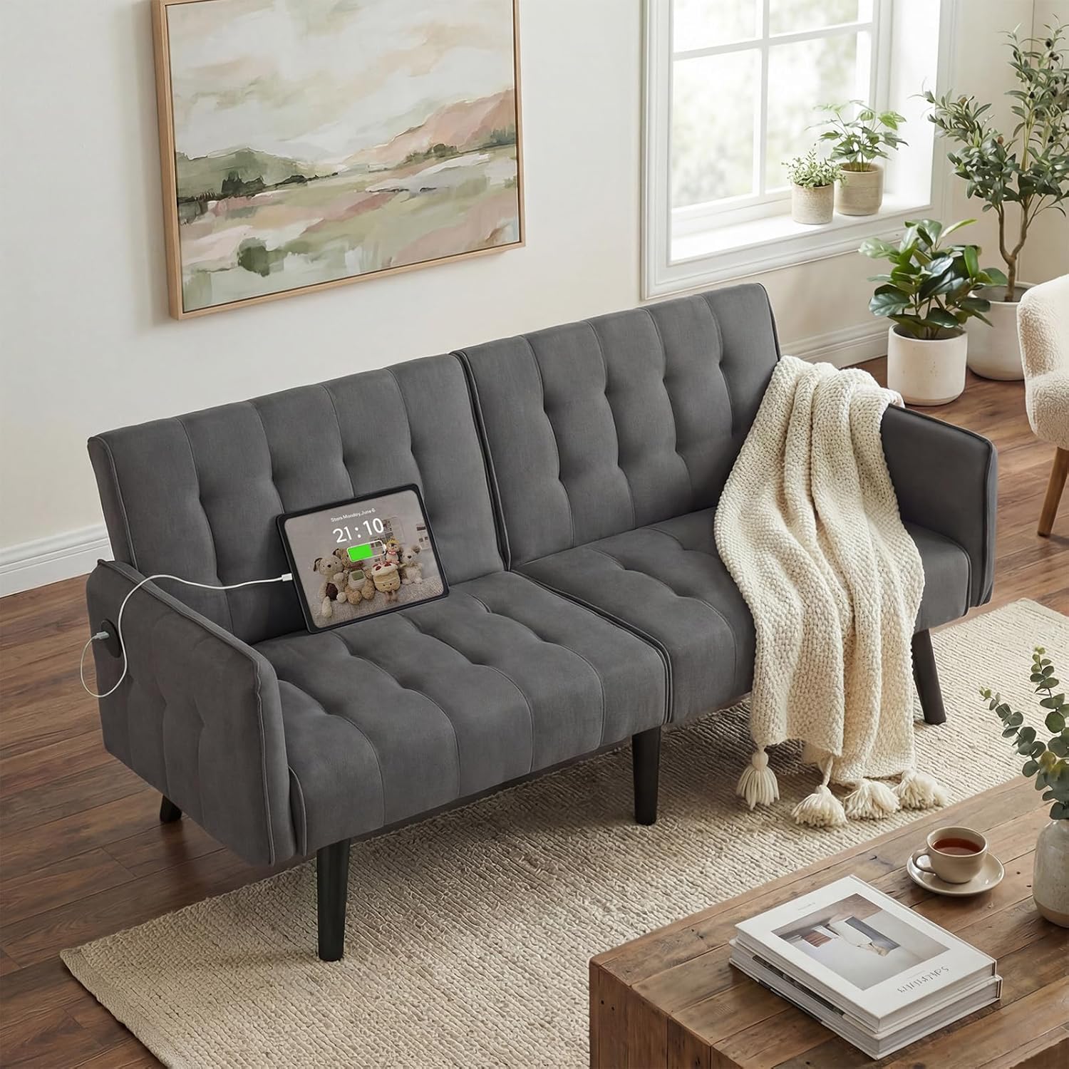TYBOATLE 65“ Convertible Futon Sofa Bed w/ 2 USB, Upholstered Tufted Small Adjustable Folding Couch Loveseat, Modern Mid Century Sleeper Sofa for Living Room, Bedroom, Apartment, Office (Dark Grey)