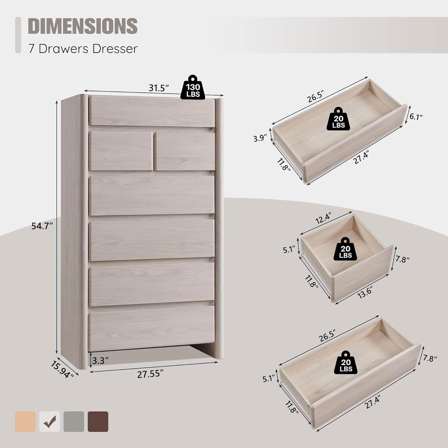 Modern 7 Drawers Dresser for Bedroom, 54.7 Tall Large Dresser & Chests of Drawers w/Rounded Corner, Wood Handleless Organizer Dresser w/Natural Texture for Bedroom, Living Room-Cream