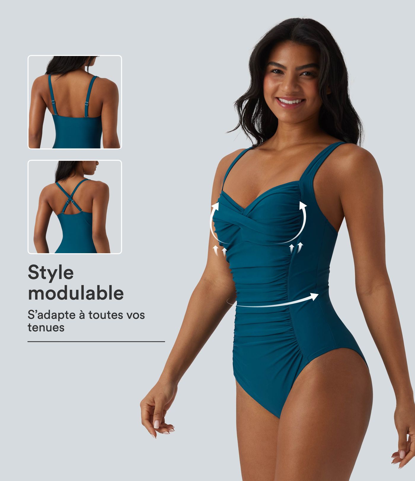 Maillot de bain une pièce gainant push-up col Queen Anne bretelles ajustables torsadé froncé