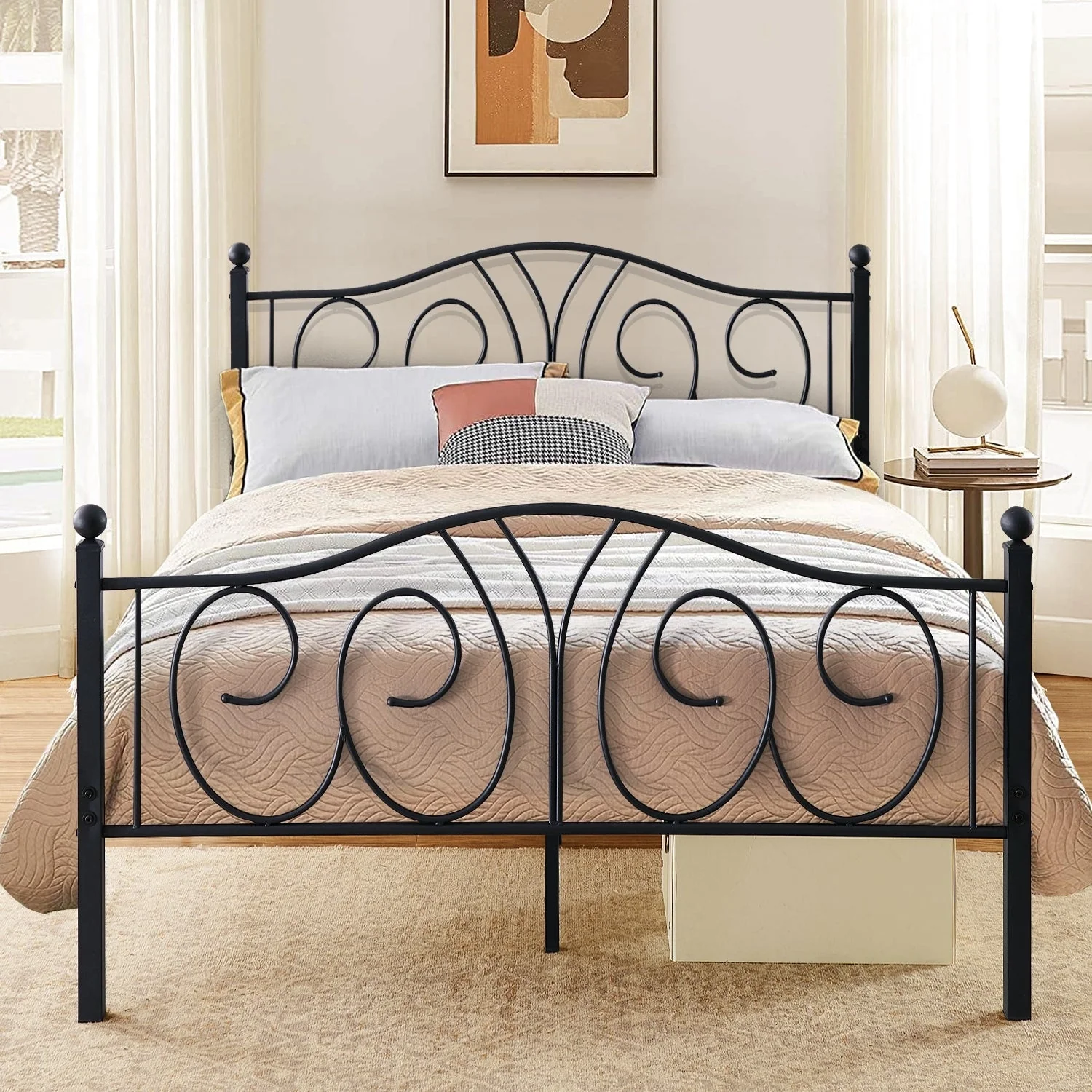 Black Vintage Scroll Metal Platform Bed Frames with Headboard