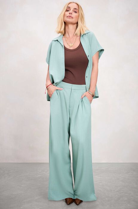 Womens Green Linen Blend Wide Leg Trousers