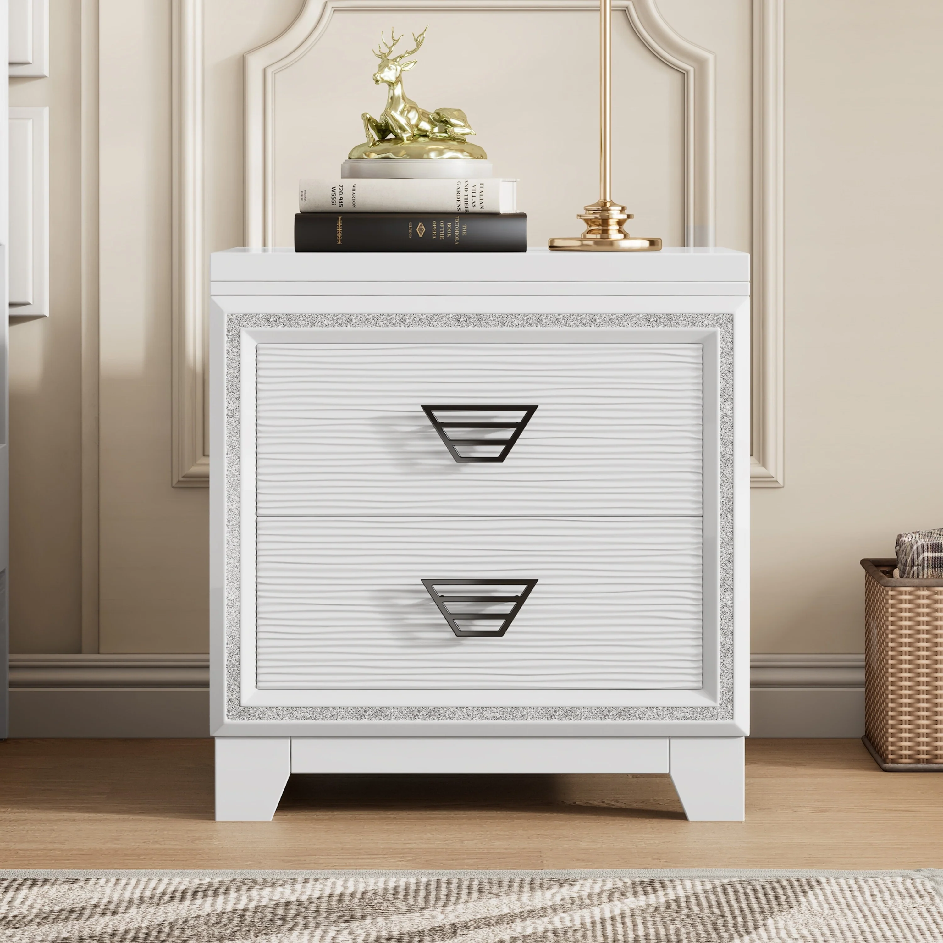 2 Drawers Nightstand with Metal Handle and Silver Glitter Strip Decor Elegant Nightstand for Bedroom, Living Roomz