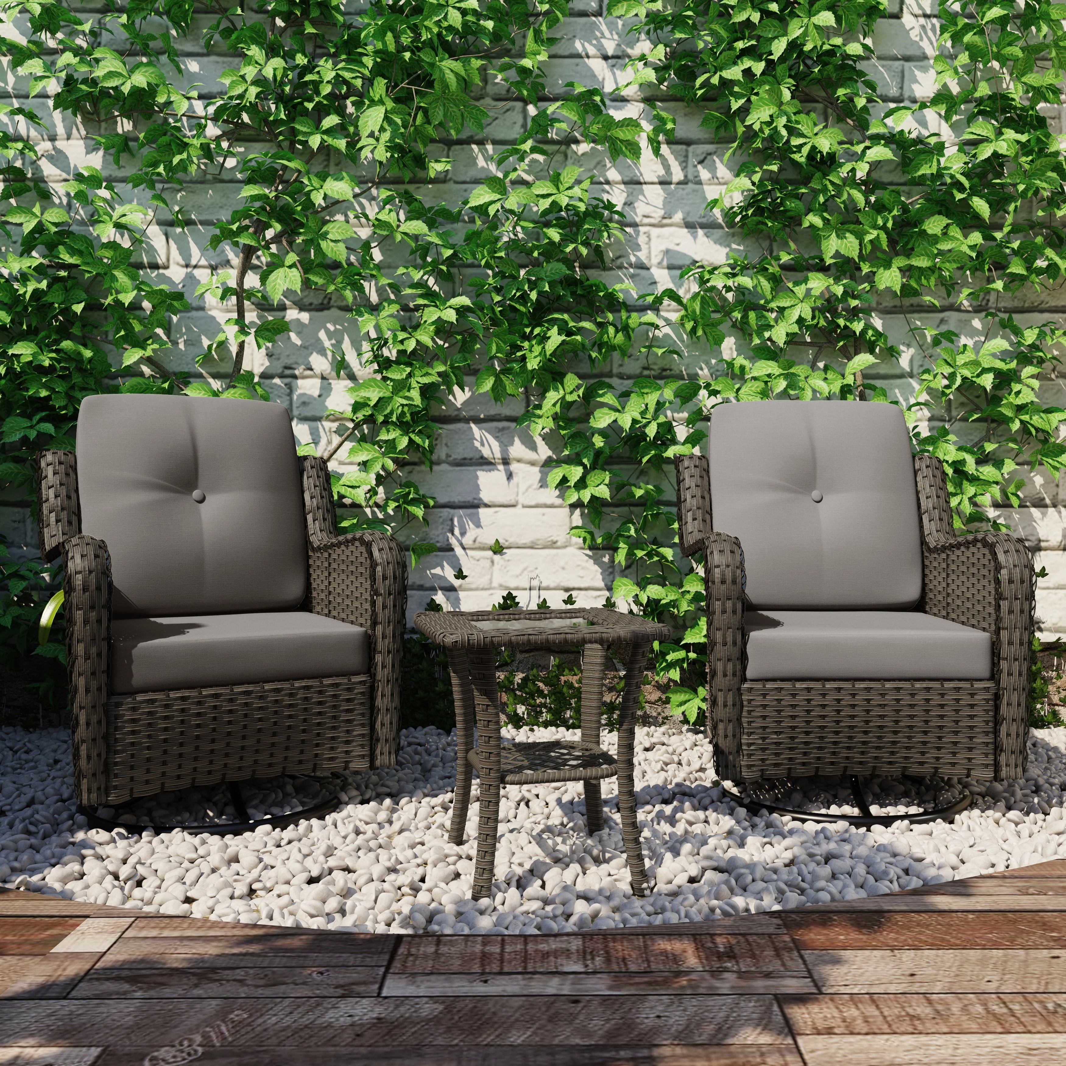3 Piece Rattan Patio Bistro Set Outdoor Swivel Rocker Chairs