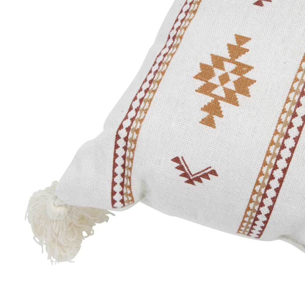 Coussin carré Indie blanc motif orange avec pompons 40x40cm