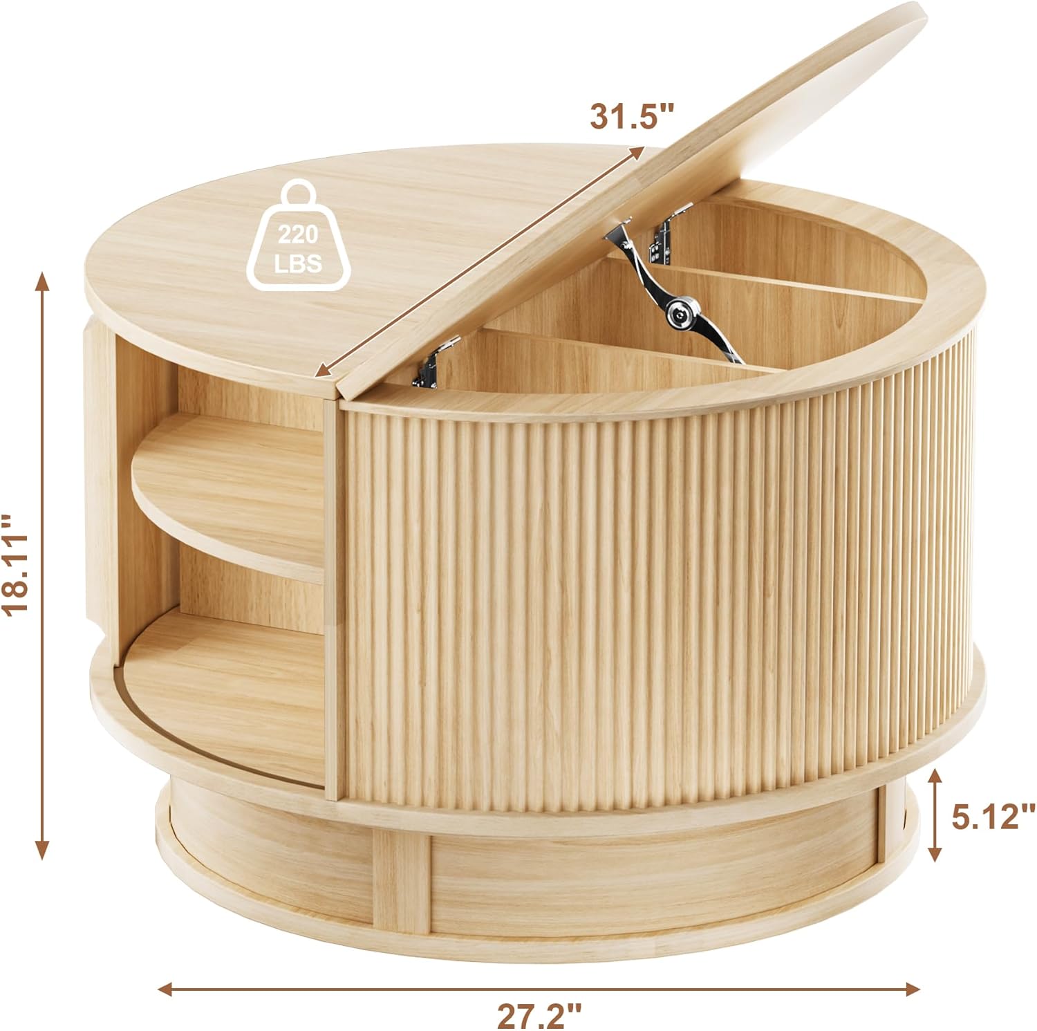 31.5 Round Fluted Coffee Table with Hidden Storage, Modern Wood Coffee Table with Flip-Up Hinged Tabletop, Divided Compartments and Rotating Base for Living Room & Apartment (Natural Wood)