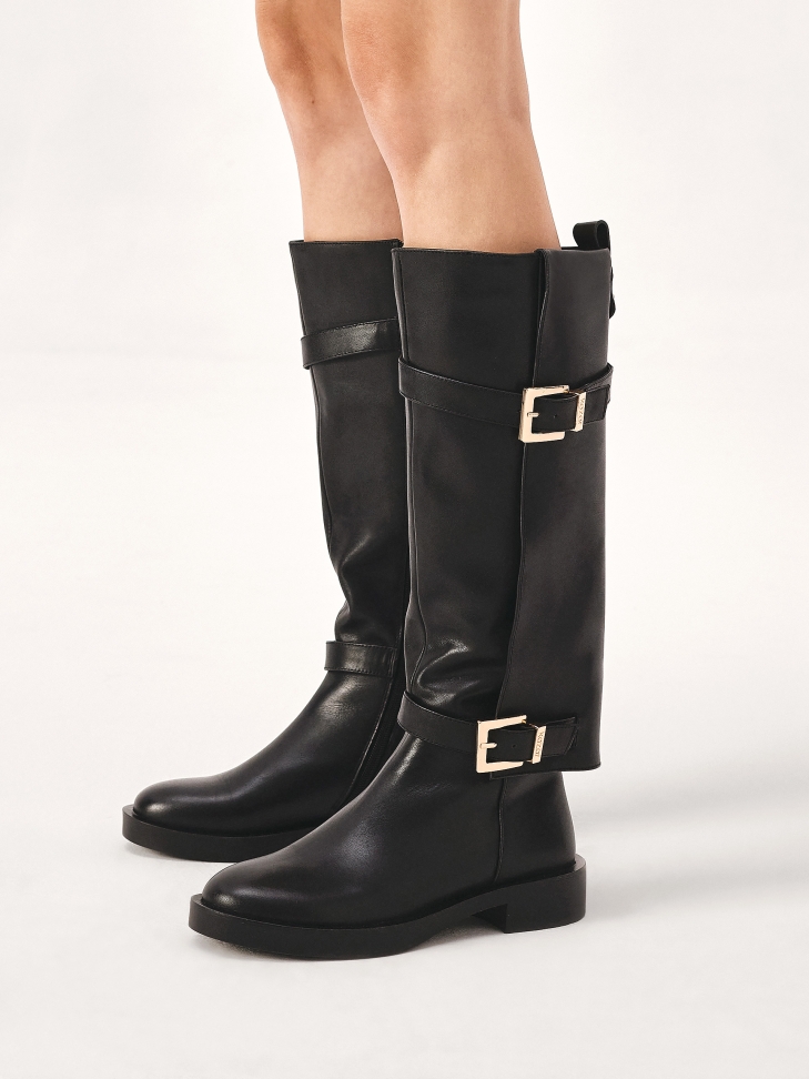 Black flat boots with overlay upper