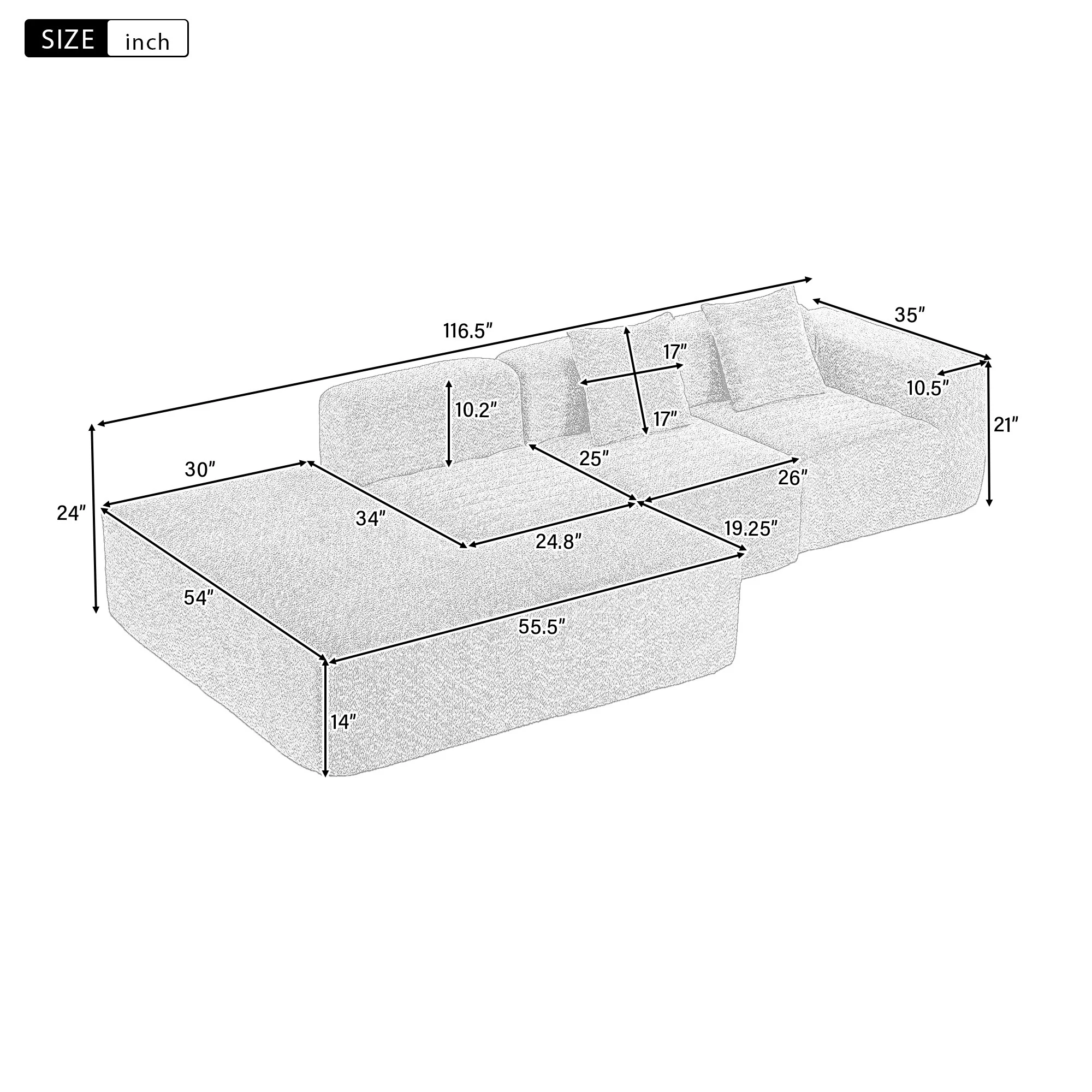 116.5 Versatile 4-Seat Sectional Sofa with Customizable 4-Piece Design in Ultra-Soft Boucle Fabric and Two Back Pillows