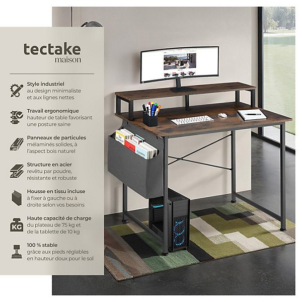 Bureau Style industriel avec Support pour écran et sac de rangement
