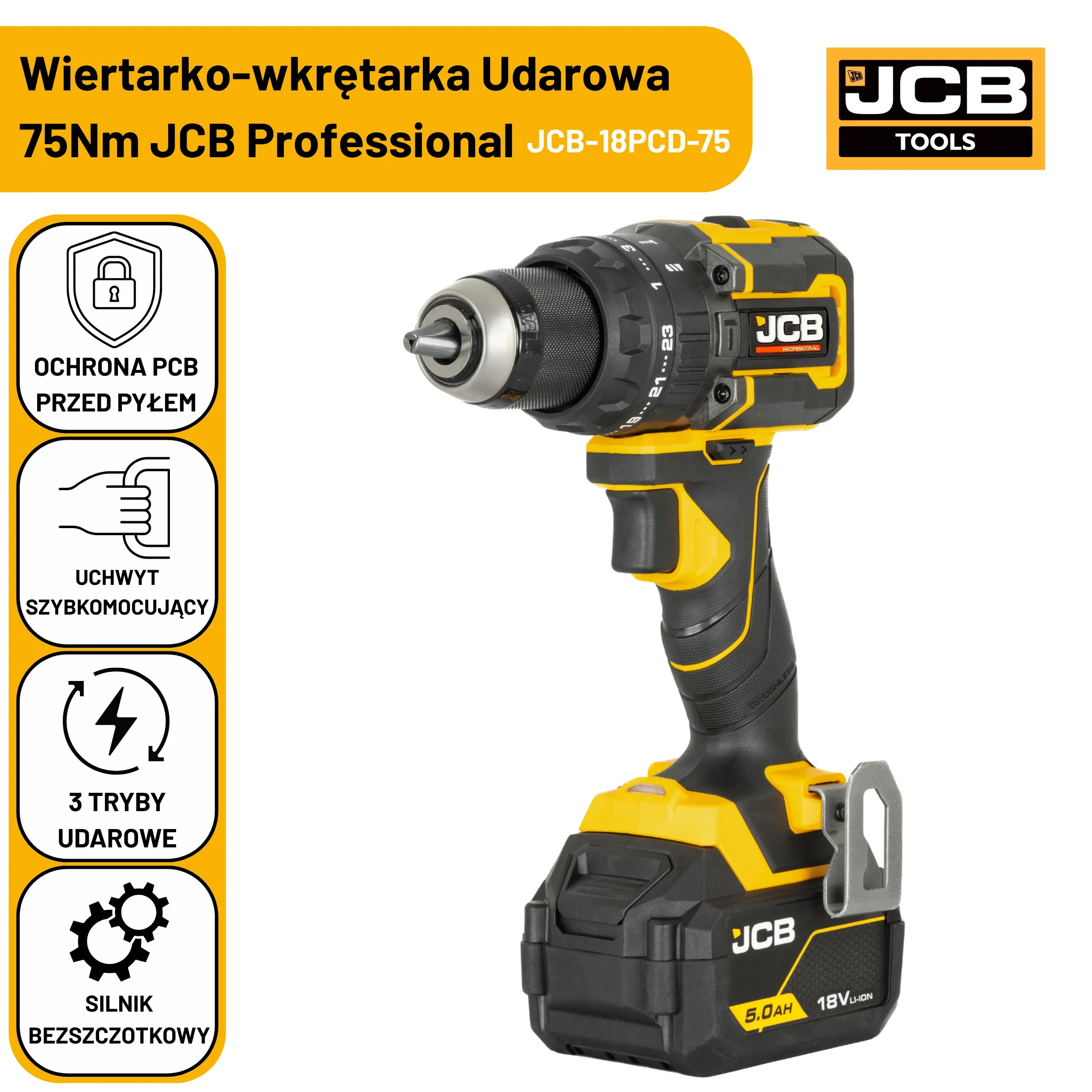 JCB Professional 18V Zestaw: Wiertarko-wkrętarka Udarowa 160Nm, Zakrętarka 230Nm, 2x 5.0Ah, Ładowarka